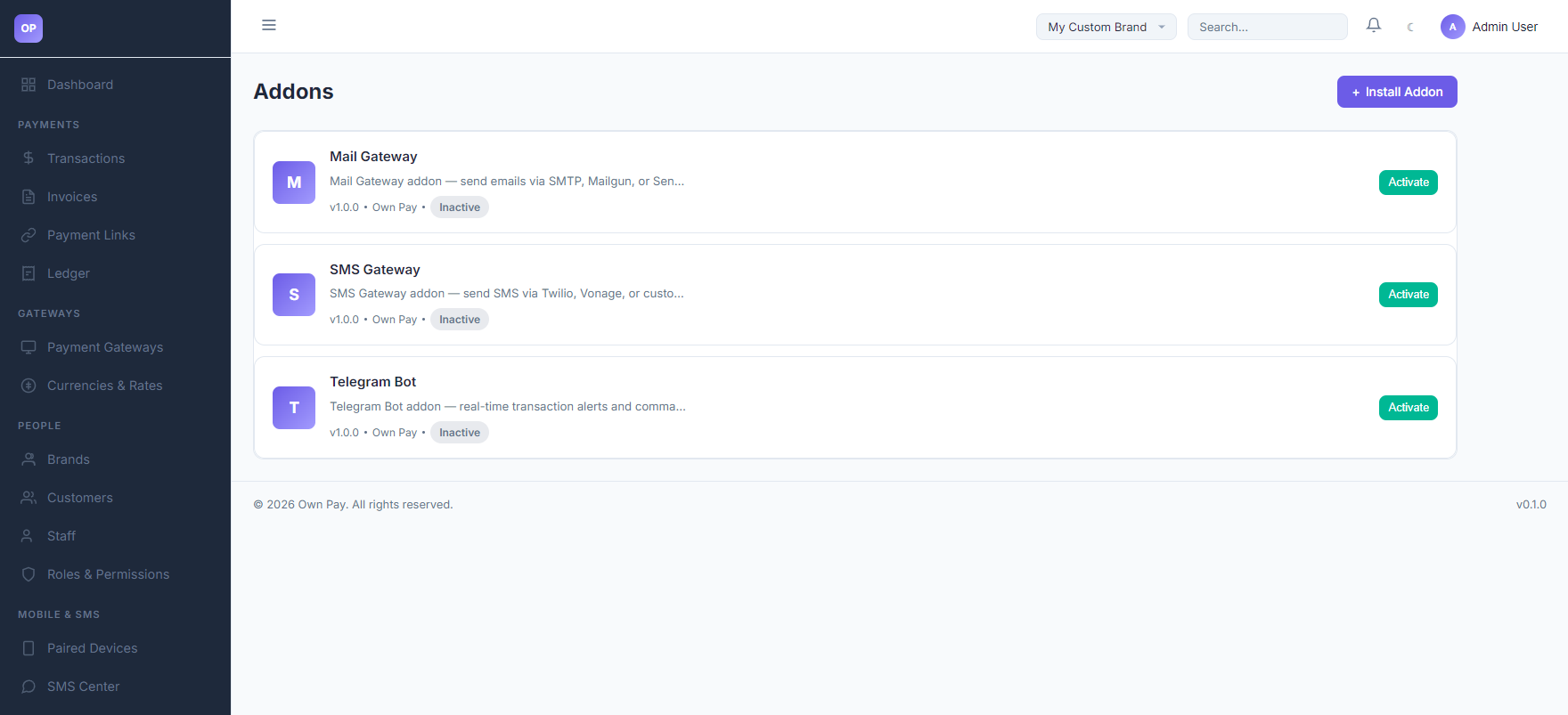 Addons Dashboard Overview