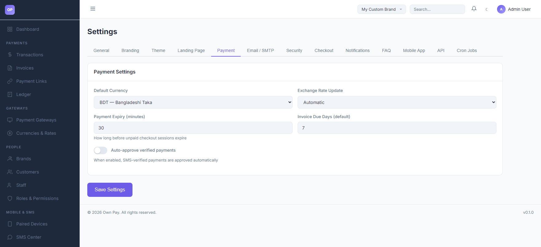 Payment Settings Tab