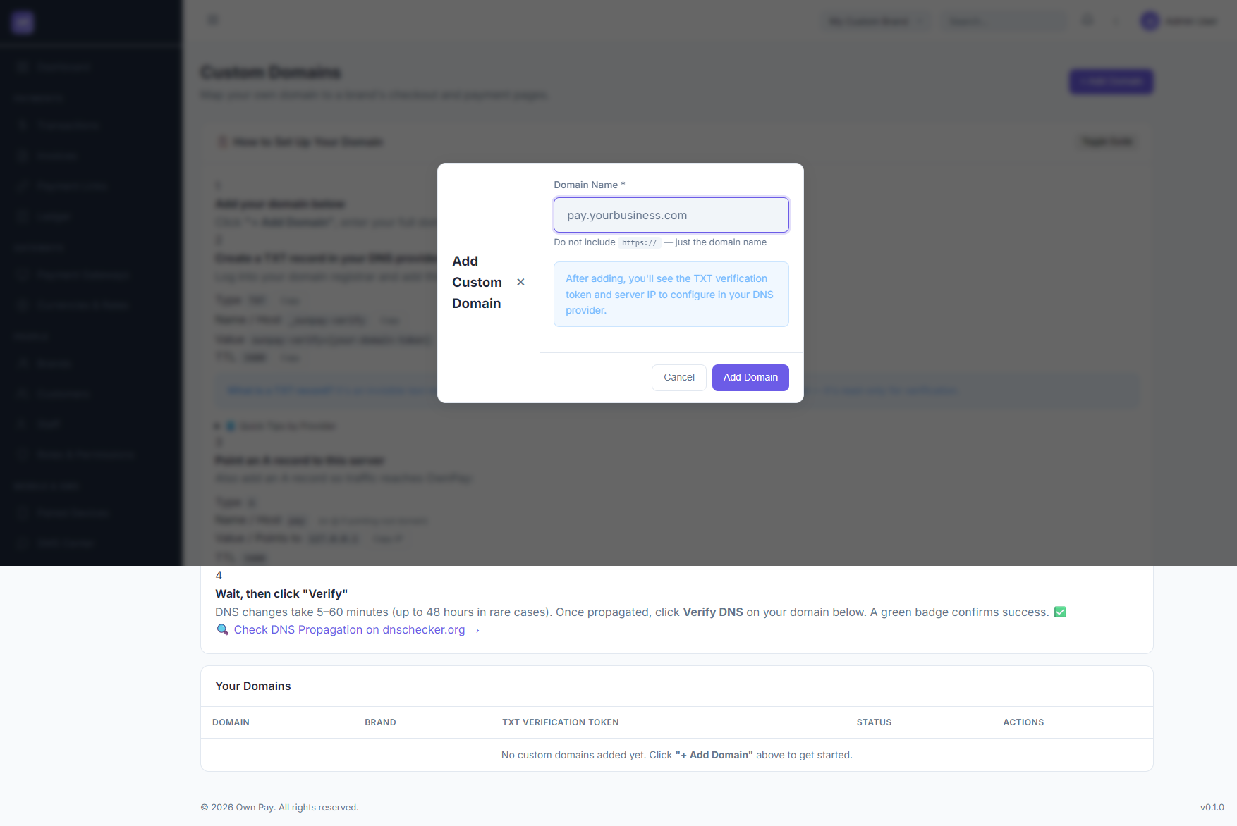 Custom Domains Dashboard