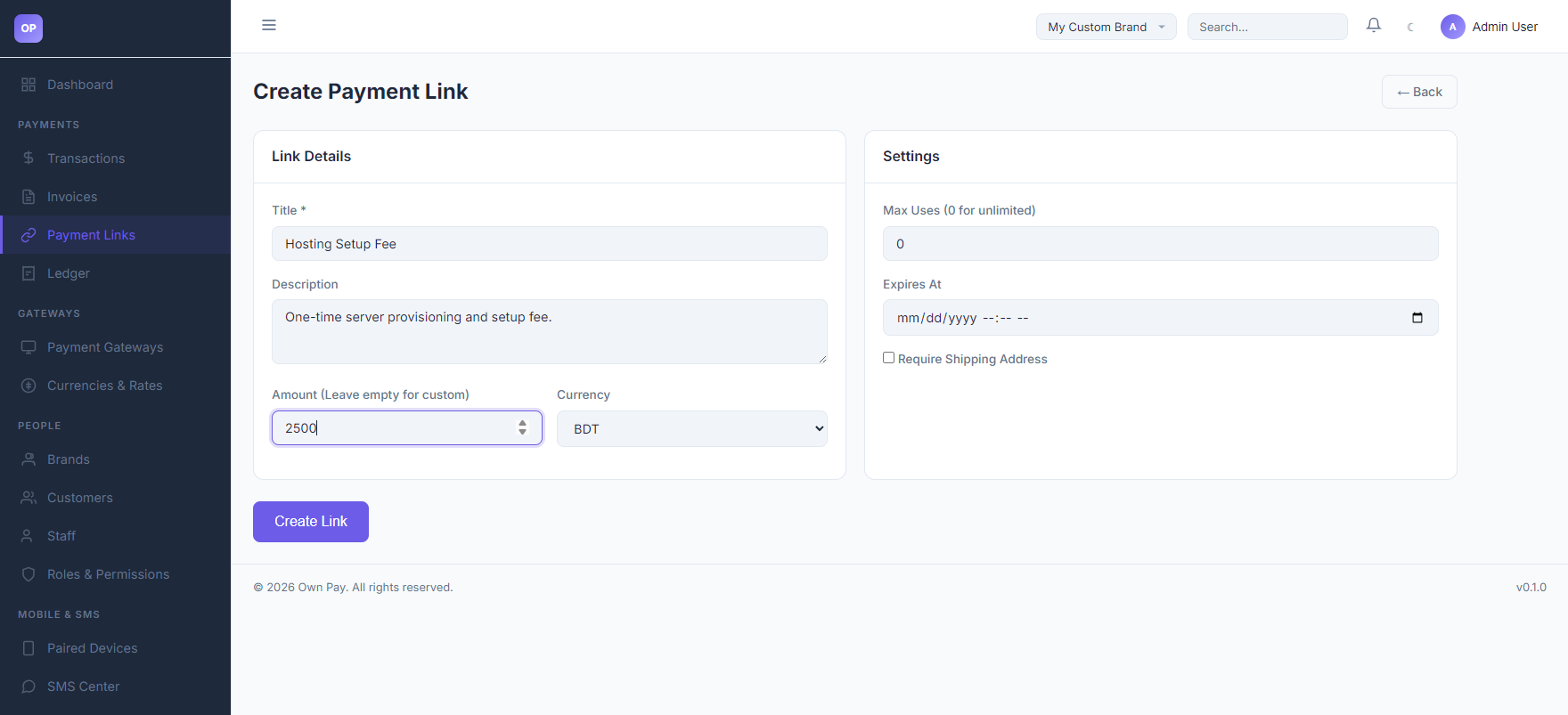 Filled Payment Link Form