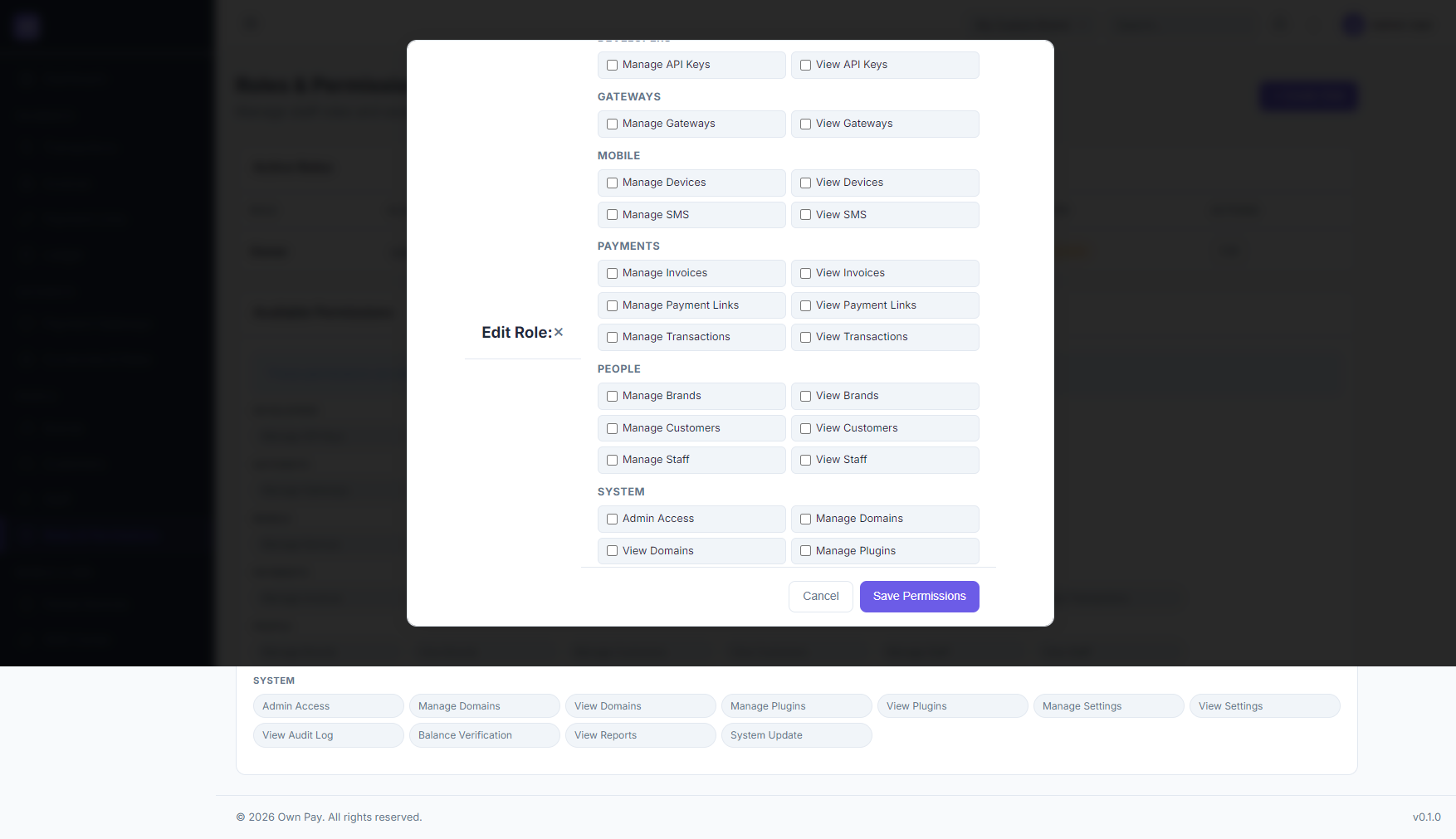 Roles and Permissions Page